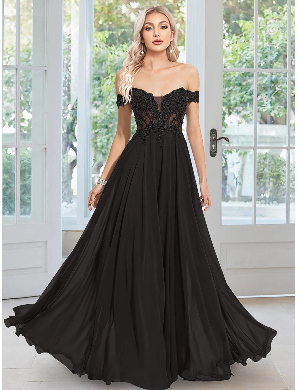 Luolandi A-Line Off Shoulder Evening Gown Long Wedding Guest Dress Floor Length Prom Dress