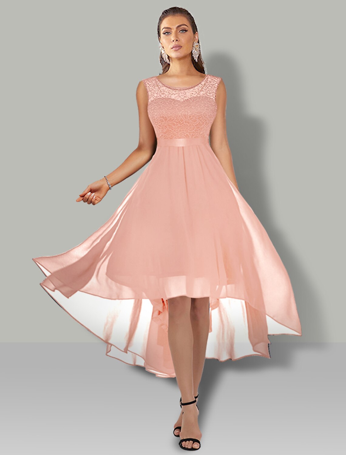 Luolandi A-Line Cocktail Dresses Vintage Dress Party Wear Asymmetrical Sleeveless Jewel Neck Chiffon with Pleats Lace Insert