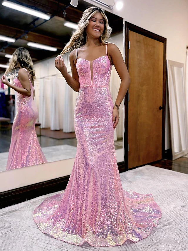 Luolandi Mermaid / Trumpet Prom Dresses Sparkle & Shine Dress Formal Court Train Sleeveless Spaghetti Strap Sequined V Back