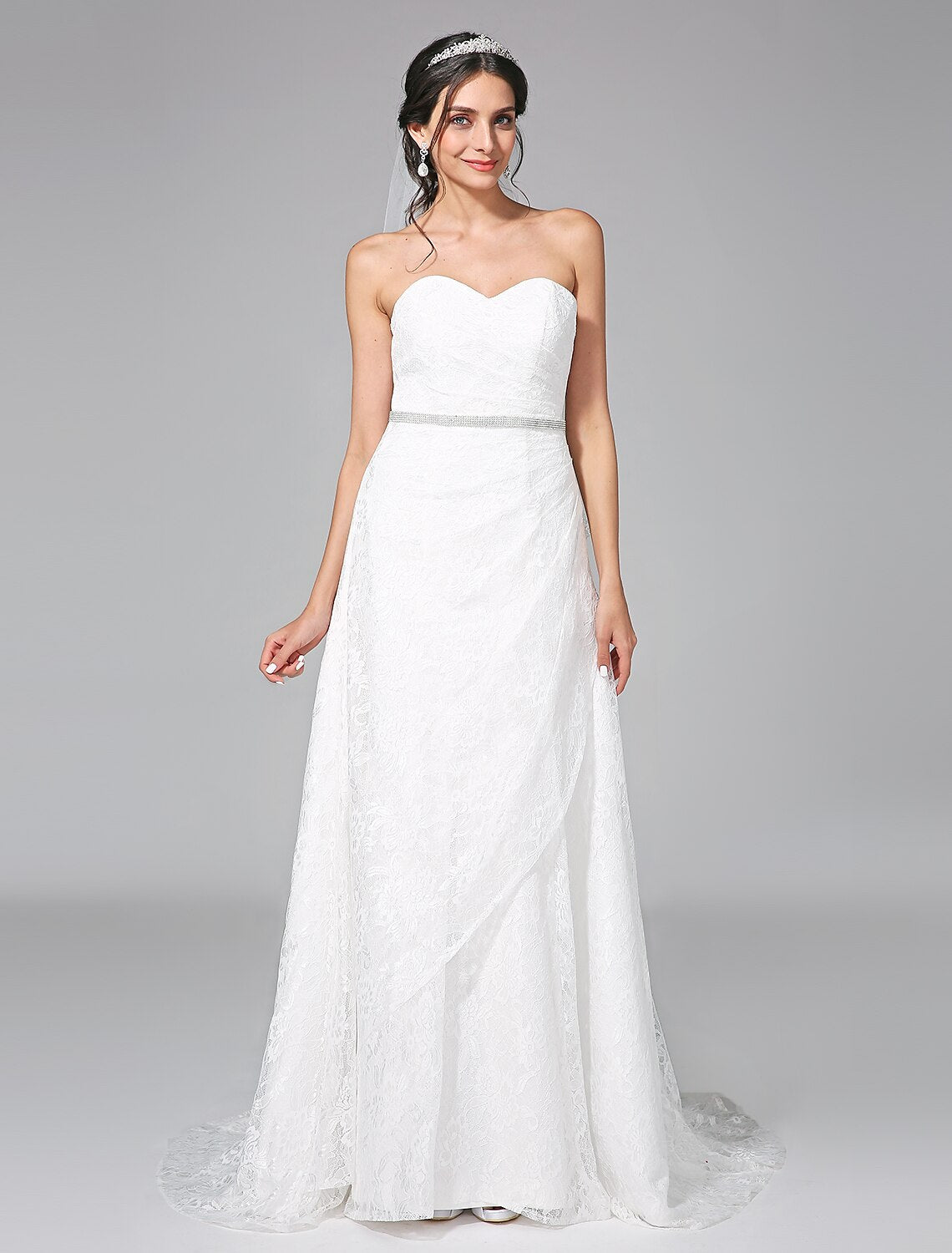 Luolandi Wedding Dresses A-Line Sweetheart Sleeveless Sweep / Brush Train Lace Bridal Gowns With Sash Side-Draped