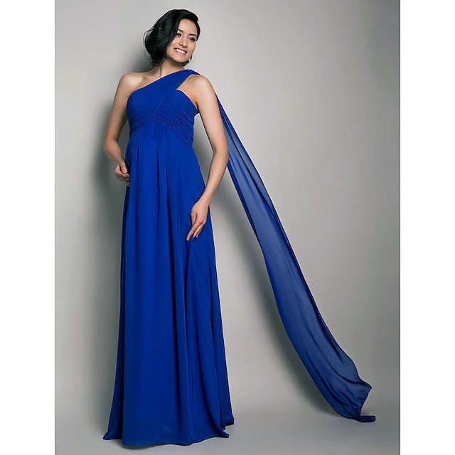 Luolandi Sheath / Column Bridesmaid Dress One Shoulder Sleeveless Maternity Watteau Train / Floor Length Chiffon with Criss Cross