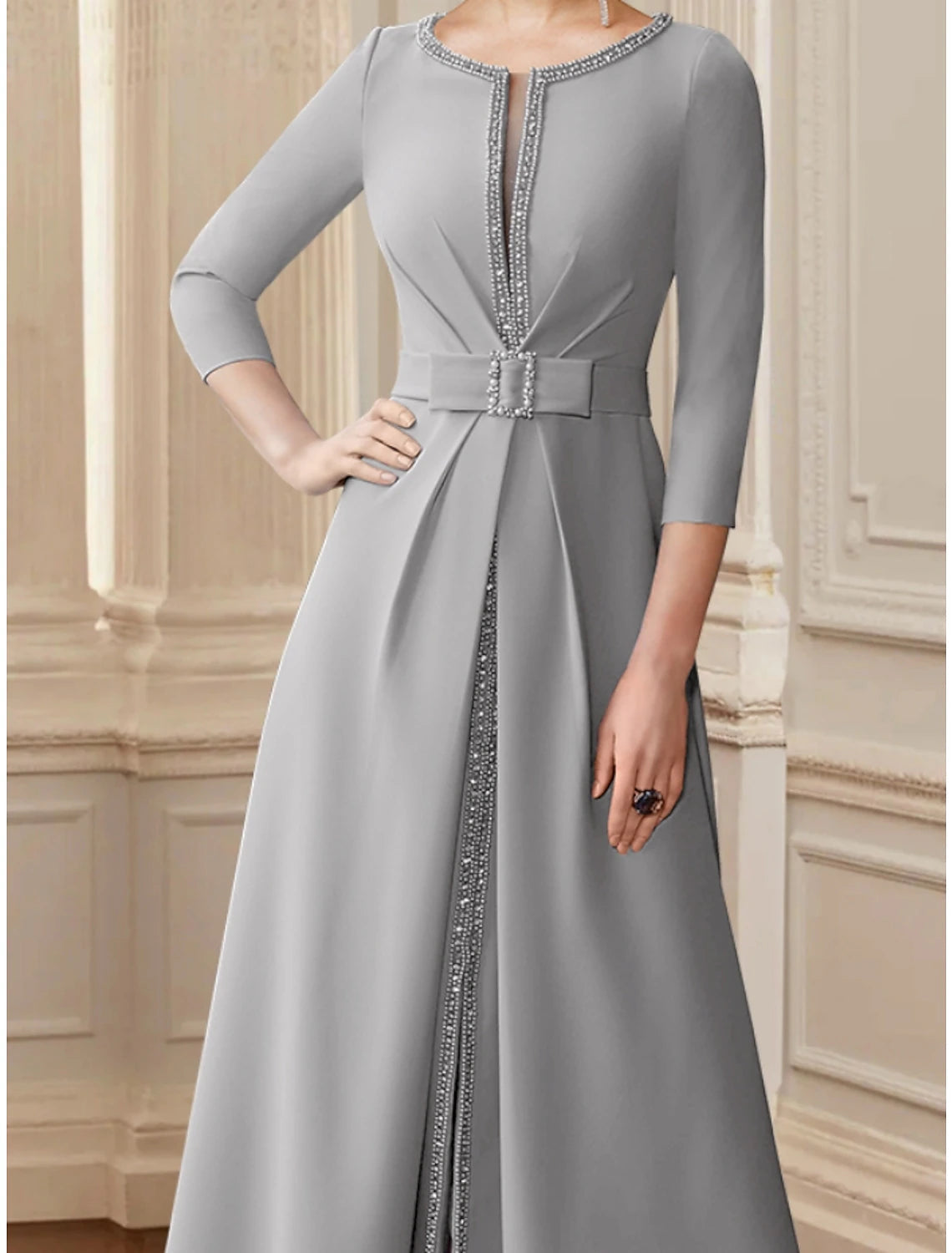 Luolandi A-Line Mother of the Bride Dress Wedding Guest Elegant Scoop Neck Tea Length Chiffon 3/4 Length Sleeve with Bow(s) Sequin