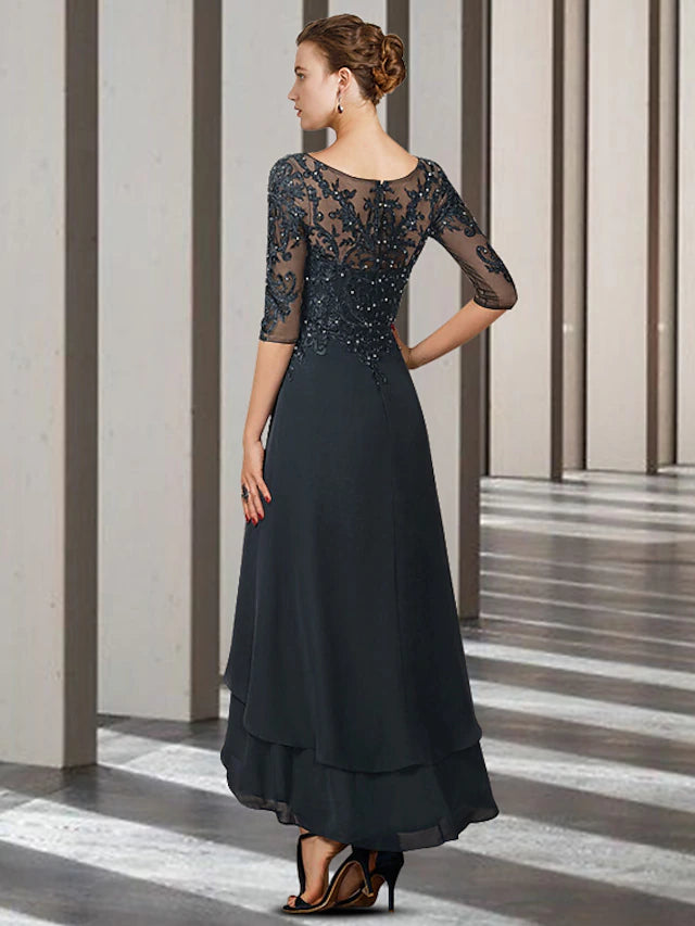 Luolandi A-Line Mother of the Bride Dress Elegant High Low V Neck Asymmetrical Ankle Length Chiffon Lace Half Sleeve with Beading Ruffles