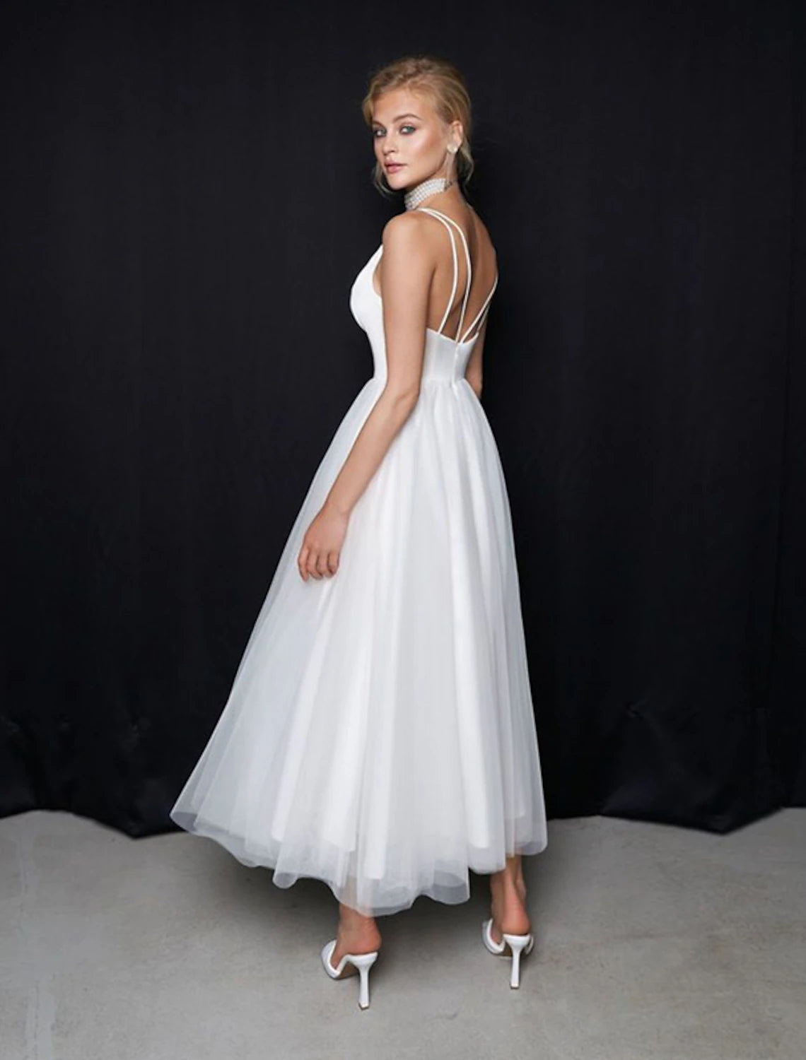 Luolandi Reception Little Dresses Casual Wedding Dresses A-Line Camisole V Neck Spaghetti Strap Ankle Length Tulle Bridal Gowns