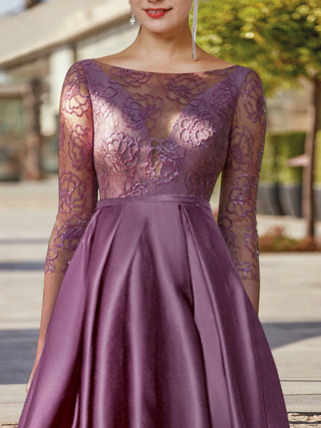 Luolandi A-Line Mother of the Bride Dress Formal Wedding Guest Elegant High Low Scoop Neck Tea Length Satin Lace 3/4 Length Sleeve with Pleats