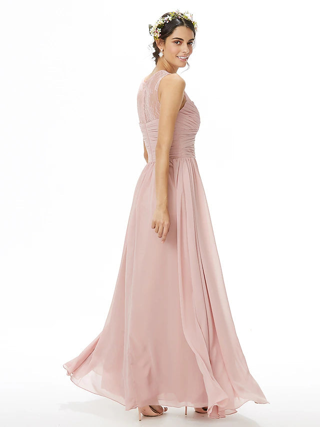 Luolandi A-Line Bridesmaid Dress Jewel Neck Sleeveless See Through Floor Length Chiffon / Lace with Lace / Criss Cross