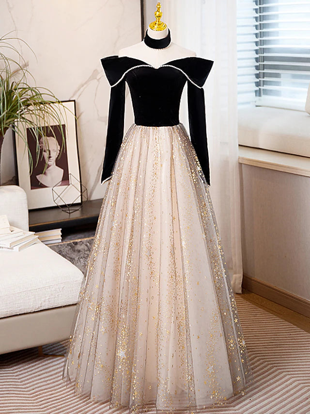 Luolandi A-Line Prom Dresses Sparkle & Shine Dress Engagement Floor Length Long Sleeve Sweetheart Tulle