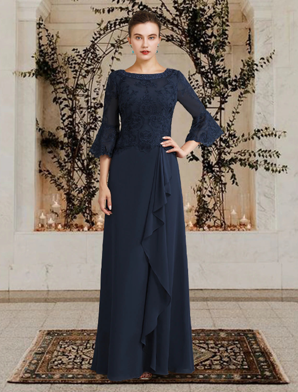 Luolandi Sheath / Column Mother of the Bride Dress Plus Size Elegant Jewel Neck Floor Length Chiffon Lace Half Sleeve with Sequin