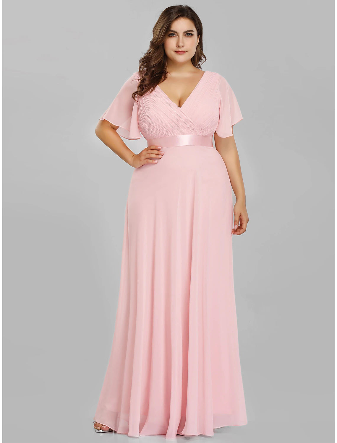 Luolandi A-Line Empire Fall Wedding Guest Dress For Bridesmaid Plus Size Formal Evening Dress V Neck Short Sleeve Floor Length Chiffon