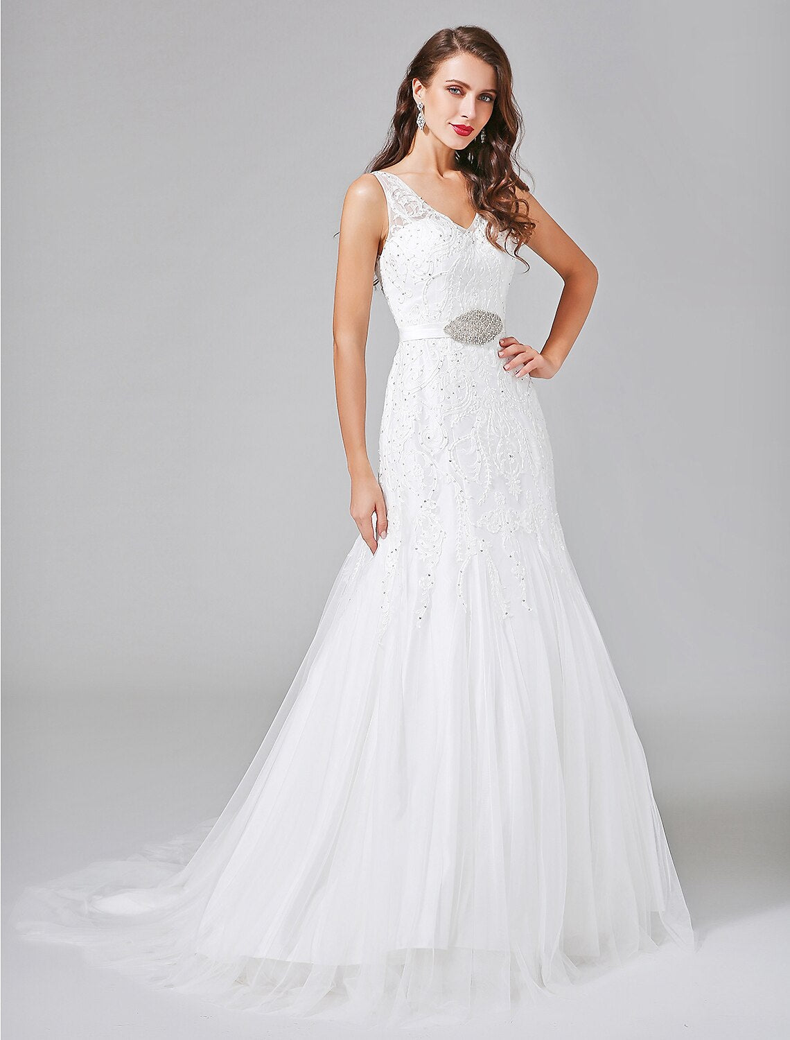 Luolandi Wedding Dresses A-Line V Neck Sleeveless Court Train Lace Bridal Gowns With Sash Beading