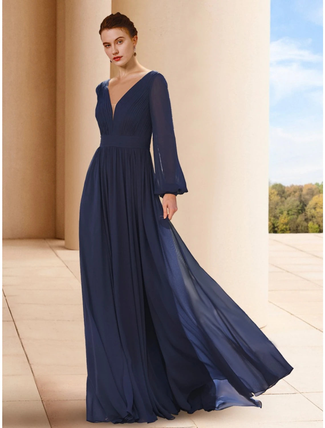 Luolandi A-Line Mother of the Bride Dress Wedding Guest Elegant V Neck Floor Length Chiffon Long Sleeve with Ruching