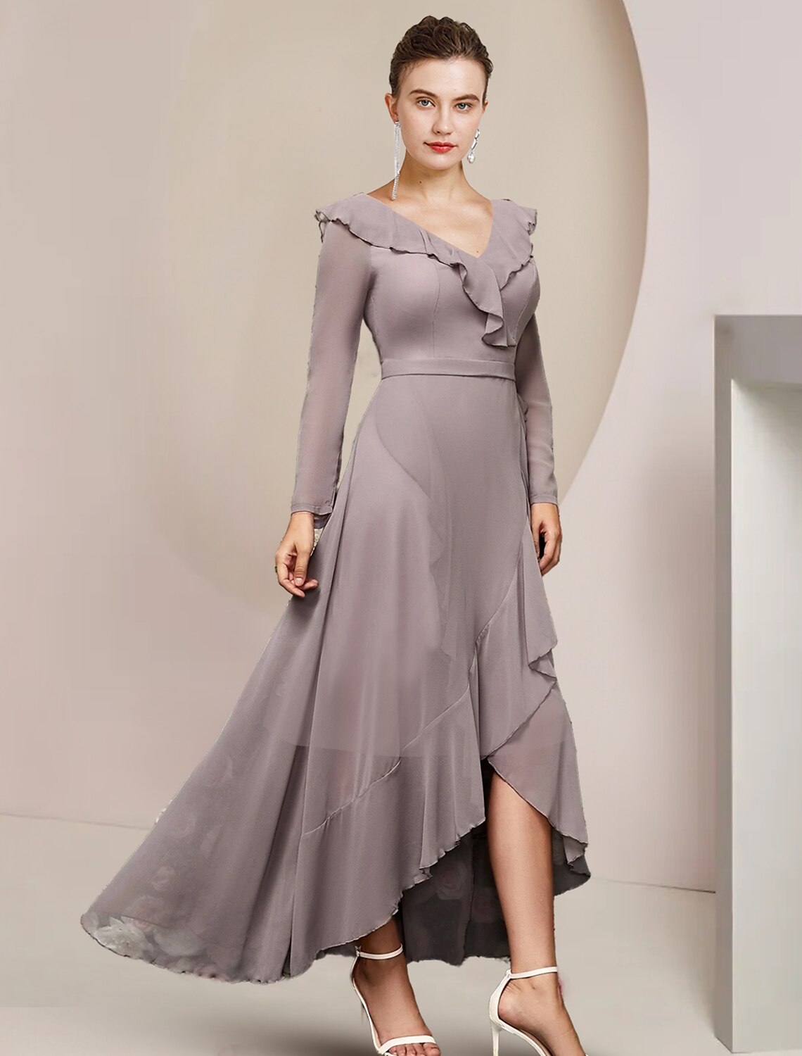 Luolandi A-Line Mother of the Bride Dress Wedding Guest Elegant V Neck Asymmetrical Ankle Length Chiffon Long Sleeve with Ruffles