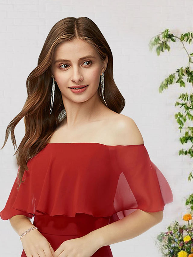 Luolandi A-Line Bridesmaid Dress Off Shoulder Sleeveless Elegant Floor Length Chiffon