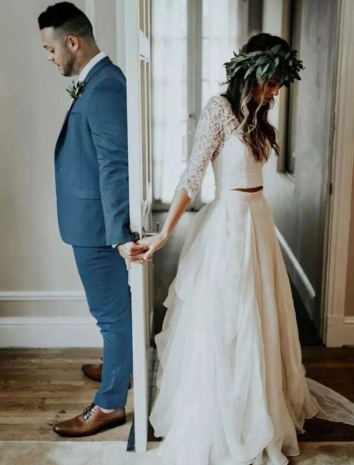 Luolandi Boho Wedding Dresses Ball Gown V Neck 3/4 Length Sleeve Sweep / Brush Train Chiffon Bridal Suits Bridal Gowns