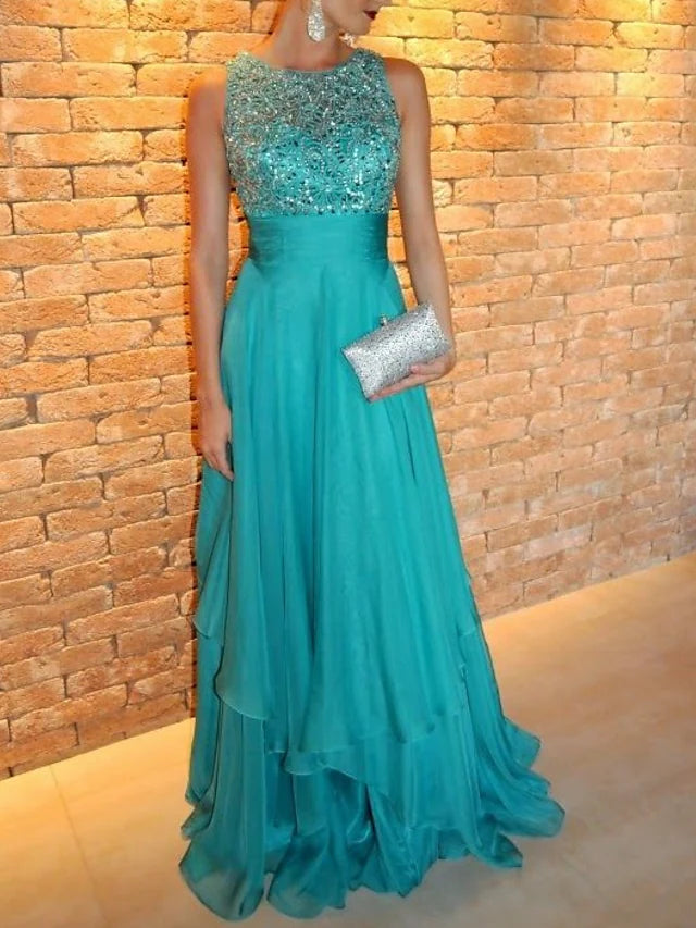 Luolandi A-Line Evening Gown Tiered Prom Dress Formal Sweep / Brush Train Sleeveless Jewel Neck Chiffon