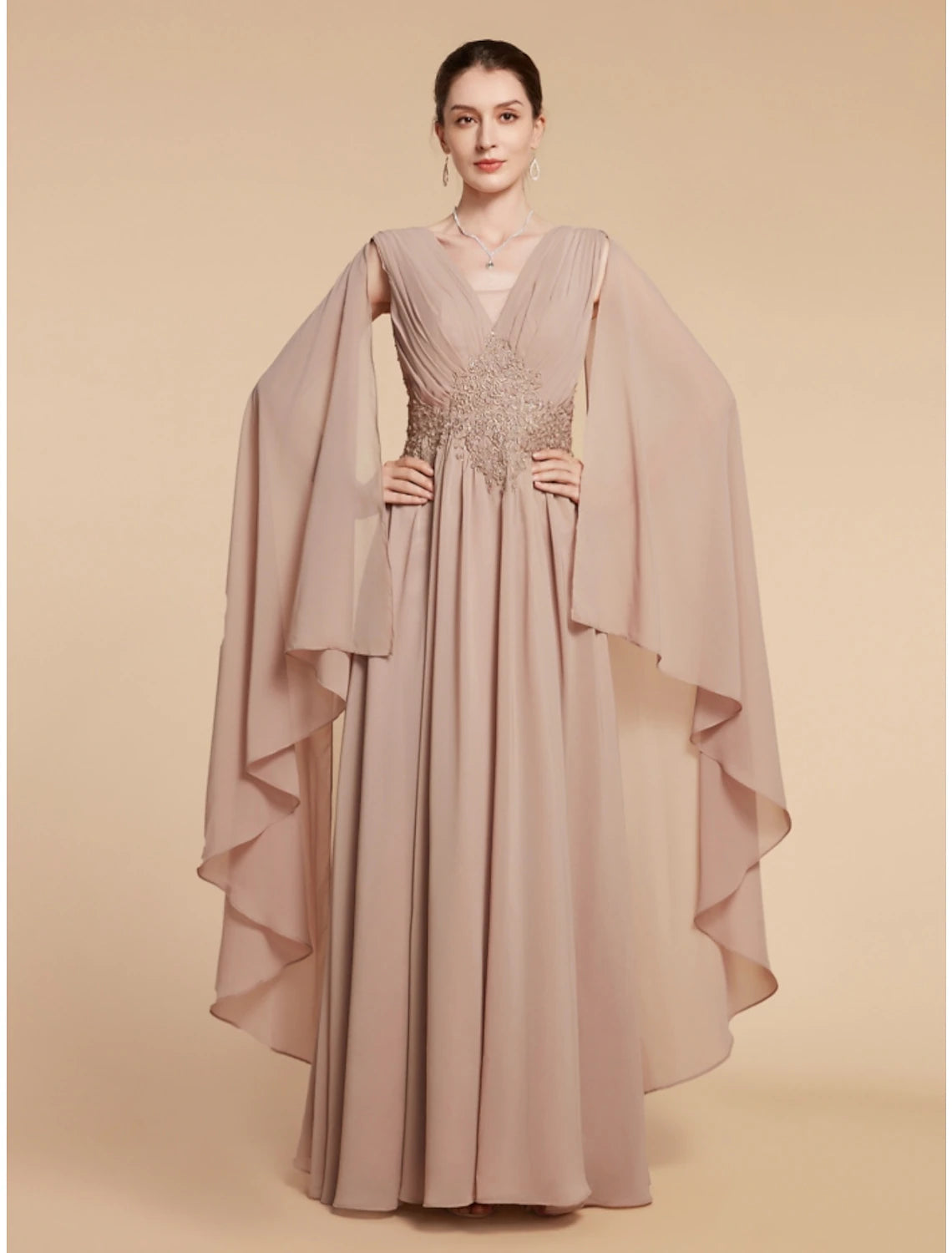 Luolandi A-Line Mother of the Bride Dress Wedding Guest Elegant V Neck Ankle Length Chiffon Lace Sleeveless with Ruching