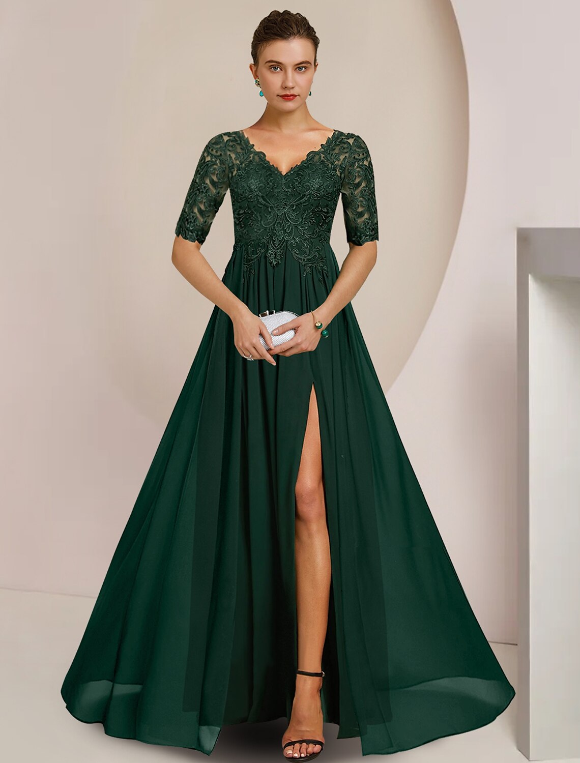 Luolandi A-Line Mother of the Bride Dress Formal Wedding Guest Elegant V Neck Floor Length Chiffon Lace Half Sleeve with Pleats Appliques Split