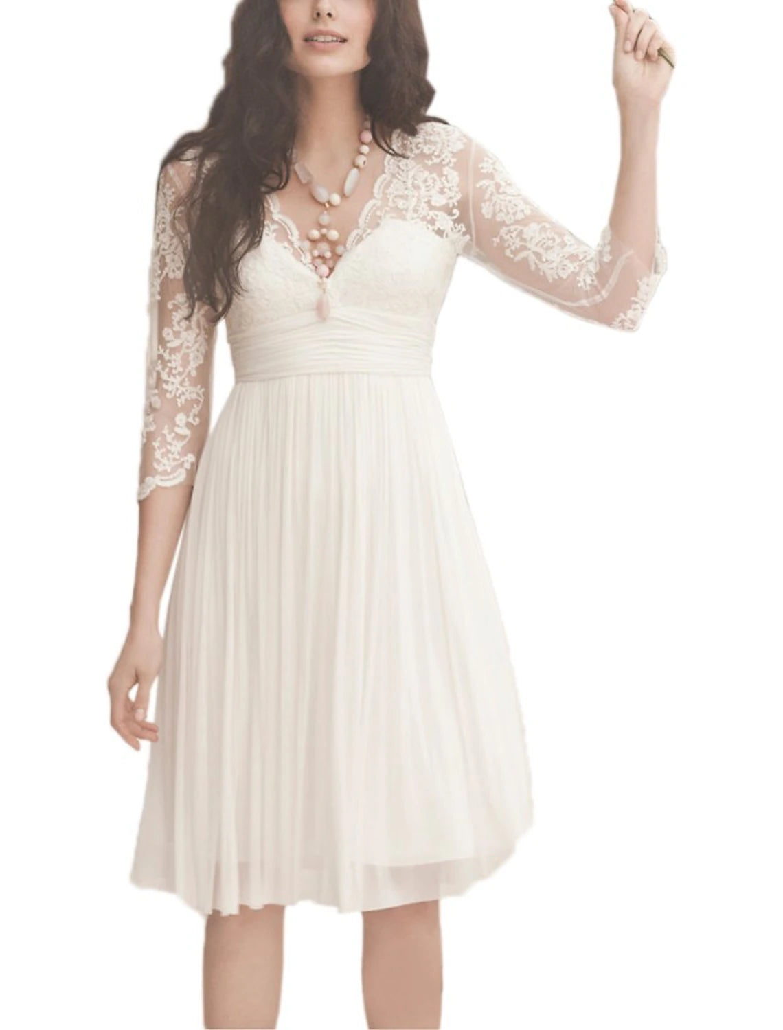 Luolandi Reception Fall Wedding Dresses Open Back Little Dresses A-Line V Neck 3/4 Length Sleeve Knee Length Chiffon Bridal Gowns With Ruched Wedding Party