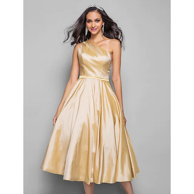 Luolandi A-Line Minimalist Elegant Cocktail Party Wedding Party Dress One Shoulder Sleeveless Tea Length Taffeta with Sash
