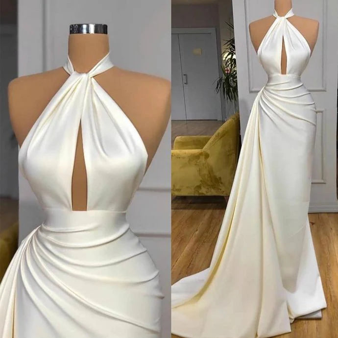 Luolandi Ivory Halter Long Prom Dress With Split Detachable Train Sexy Evening Dress Party Dress Solid Color