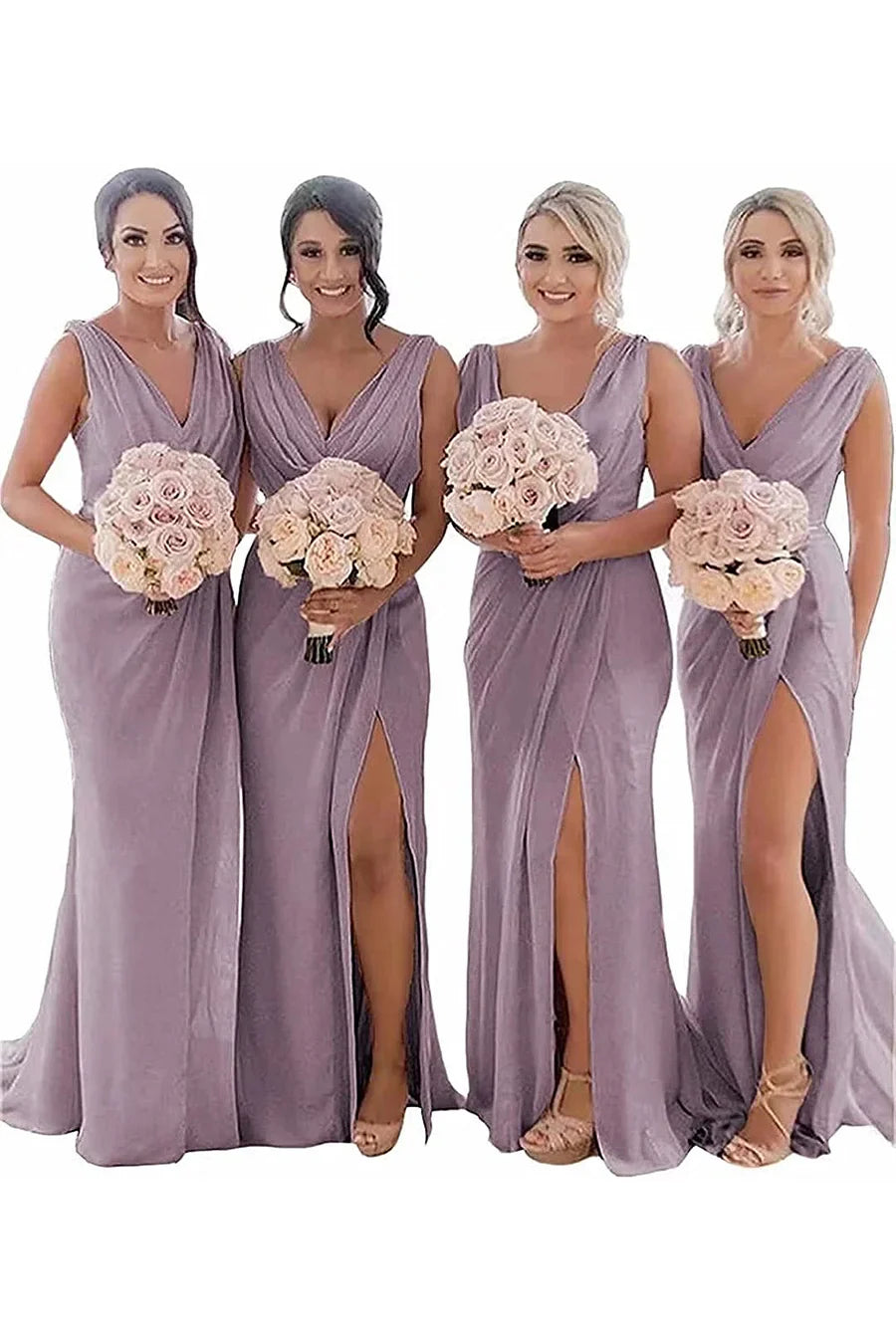 Luolandi Sheath Chiffon Ruched Long Bridesmaid Dress with Slit Wedding Guest Dress Party Dress