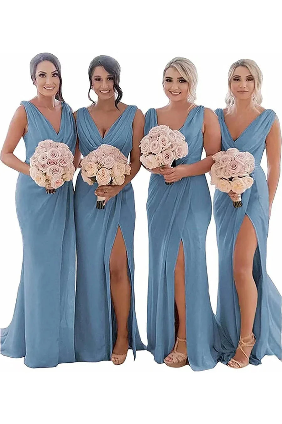Luolandi Sheath Chiffon Ruched Long Bridesmaid Dress with Slit Wedding Guest Dress Party Dress