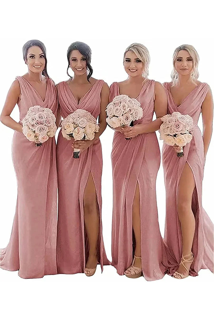 Luolandi Sheath Chiffon Ruched Long Bridesmaid Dress with Slit Wedding Guest Dress Party Dress