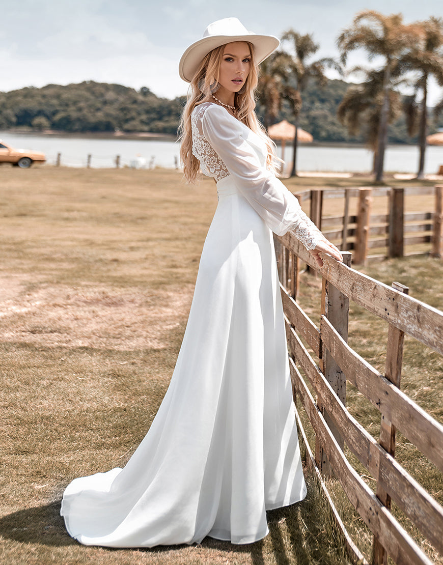 Luolandi Ivory Boho Simple Sheath Long Sleeves Wedding Dress with Lace V-neck Floor Length