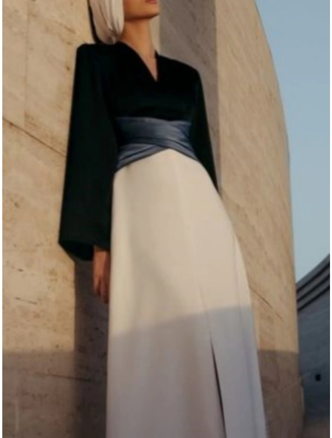 Luolandi A-Line Evening Gown Elegant Dress Formal Floor Length Long Sleeve V Neck Satin with Pleats