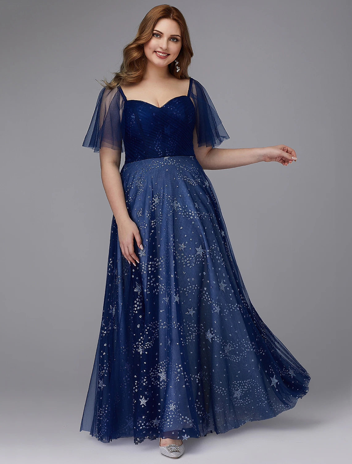 Luolandi A-Line Plus Size Dress Wedding Guest Prom Floor Length Short Sleeve Sweetheart Tulle Lace-up with Beading Pattern