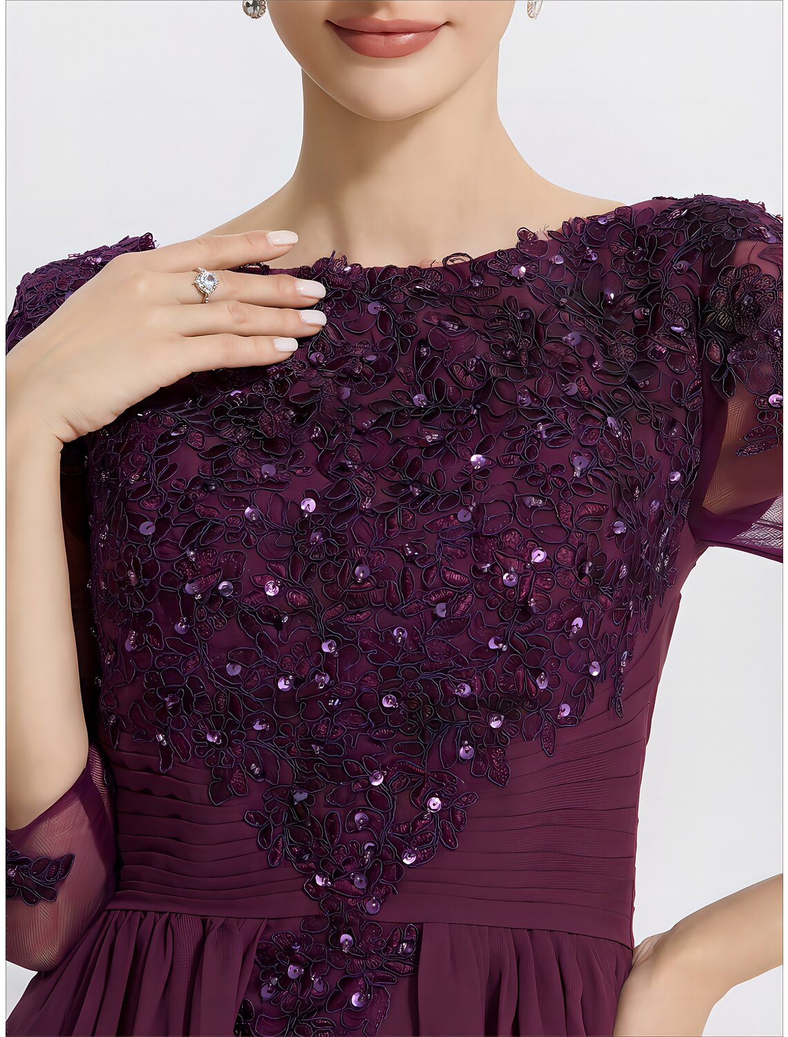 Luolandi A-Line Mother of the Bride Dress Formal Wedding Guest Elegant Jewel Neck Floor Length Chiffon Lace 3/4 Length Sleeve with Lace
