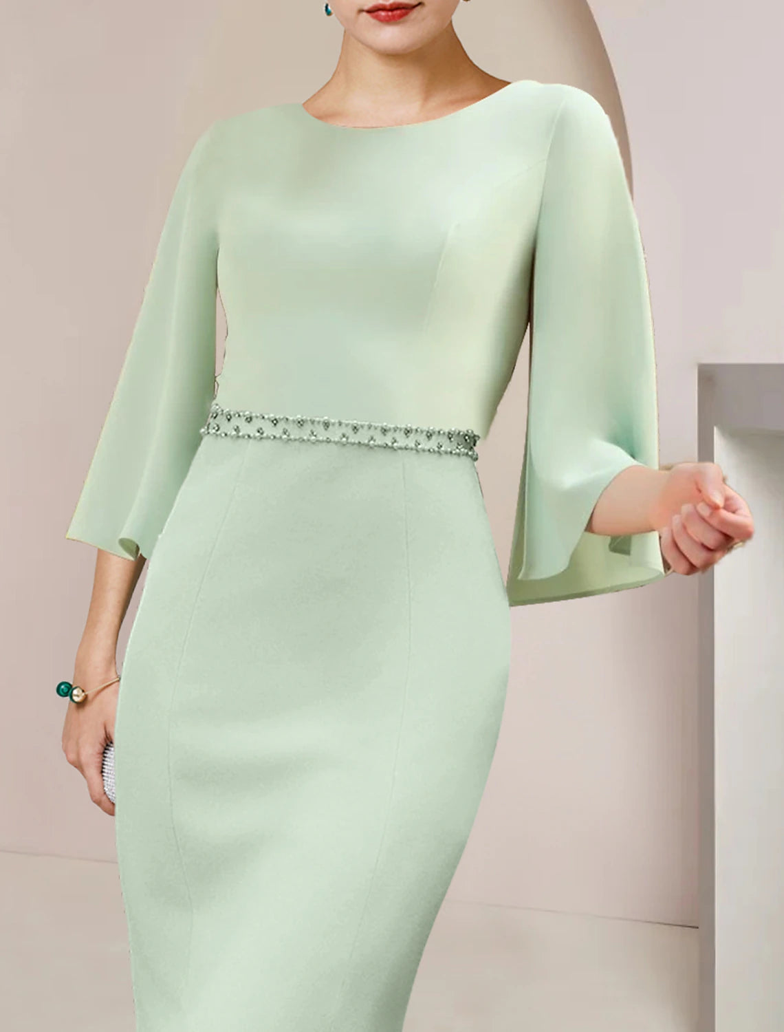 Luolandi Mermaid / Trumpet Mother of the Bride Dress Wedding Guest Party Elegant Scoop Neck Tea Length Chiffon 3/4 Length Sleeve