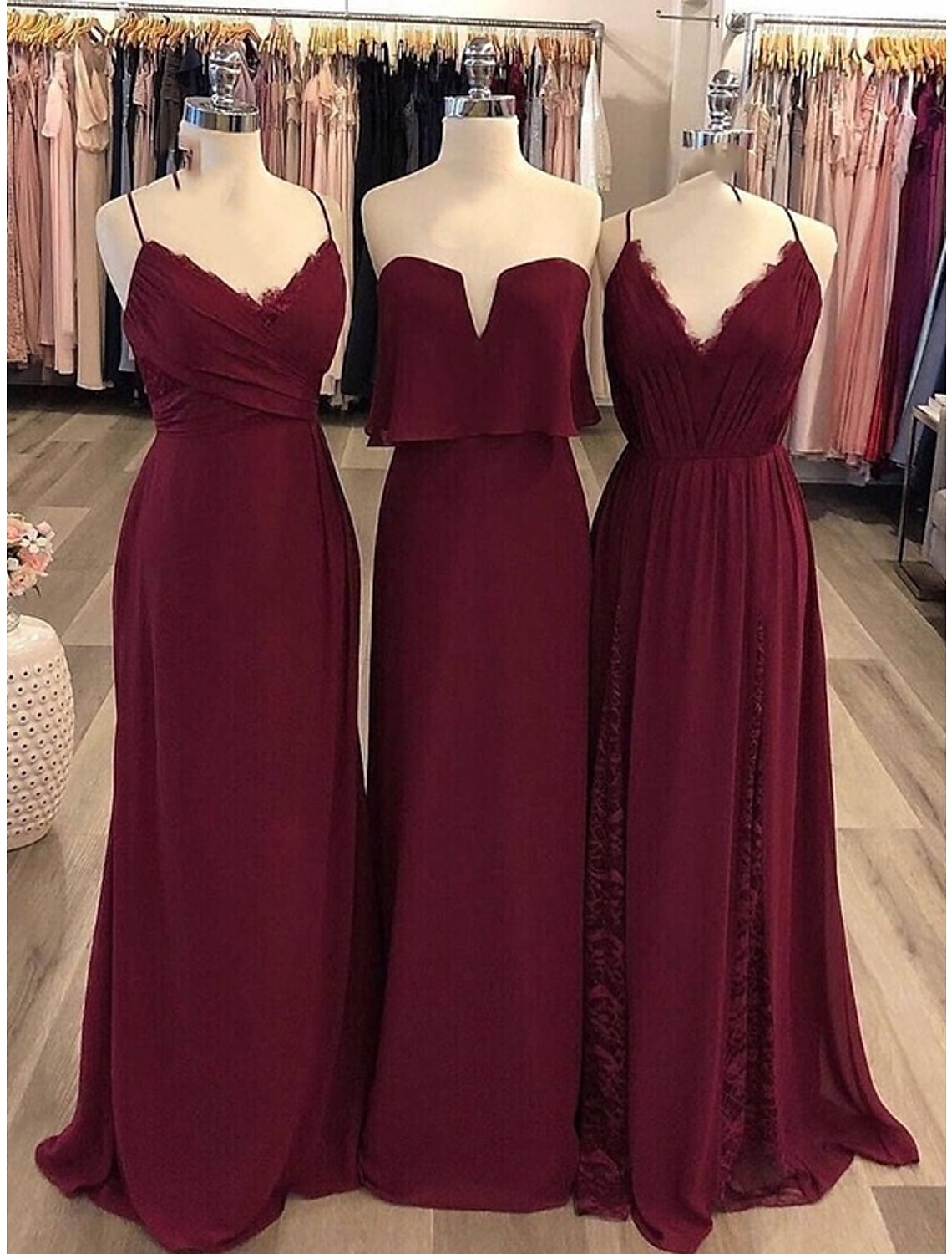 Luolandi Sheath / Column Bridesmaid Dress Spaghetti Strap / Strapless / V Neck Sleeveless Vintage Floor Length Chiffon with Lace
