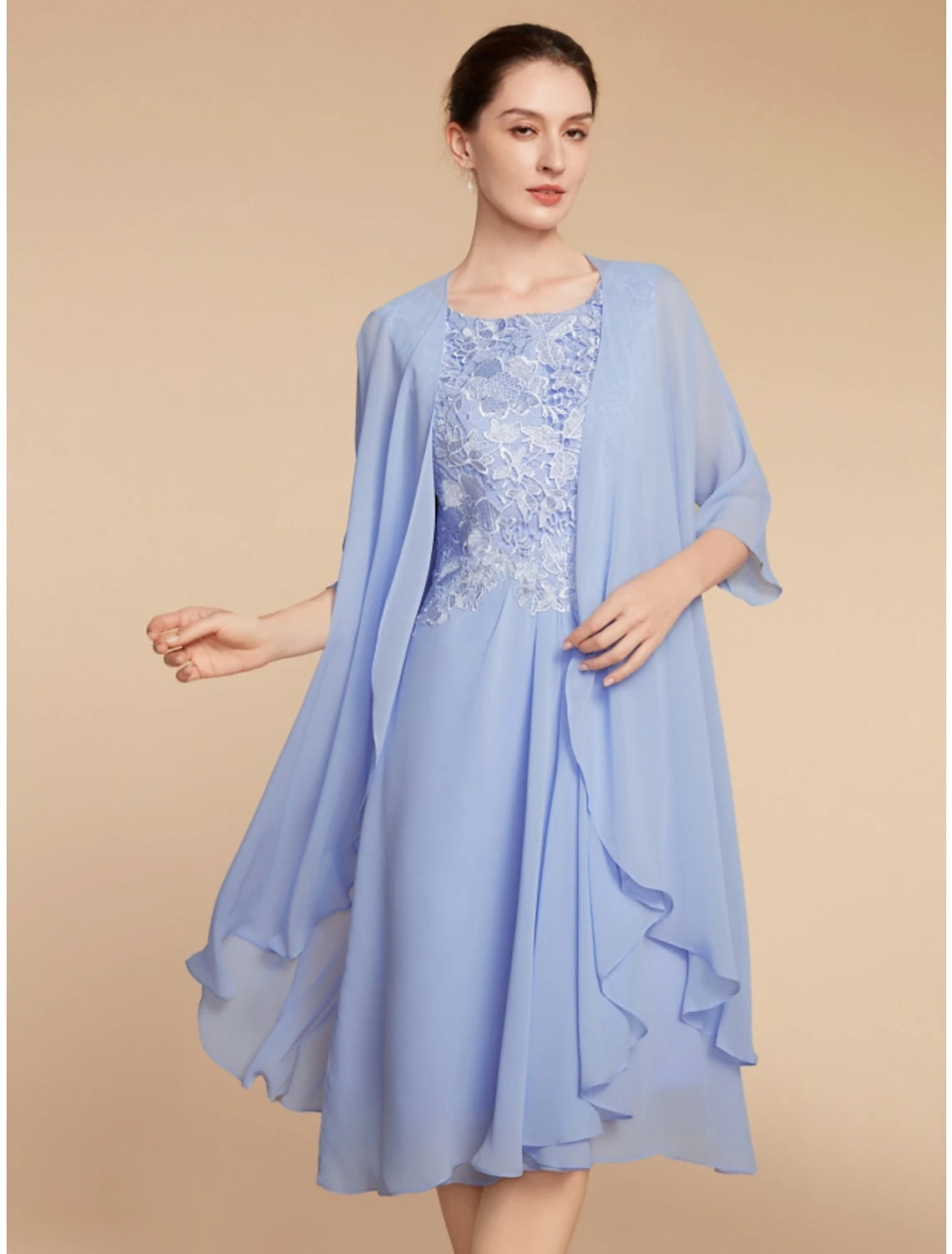 Luolandi Two Piece Sheath / Column Mother of the Bride Dress Wedding Guest Elegant Petite Scoop Neck Knee Length Chiffon Lace Half Sleeve with Ruching