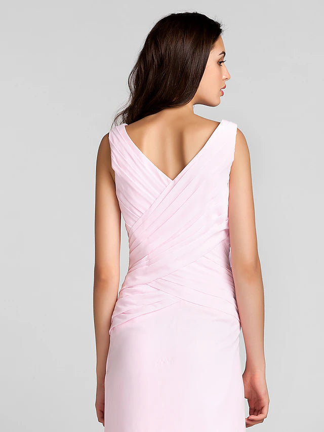 Luolandi Sheath / Column Bridesmaid Dress V Neck Sleeveless Floor Length Chiffon with Criss Pure Color Pure Color Cross