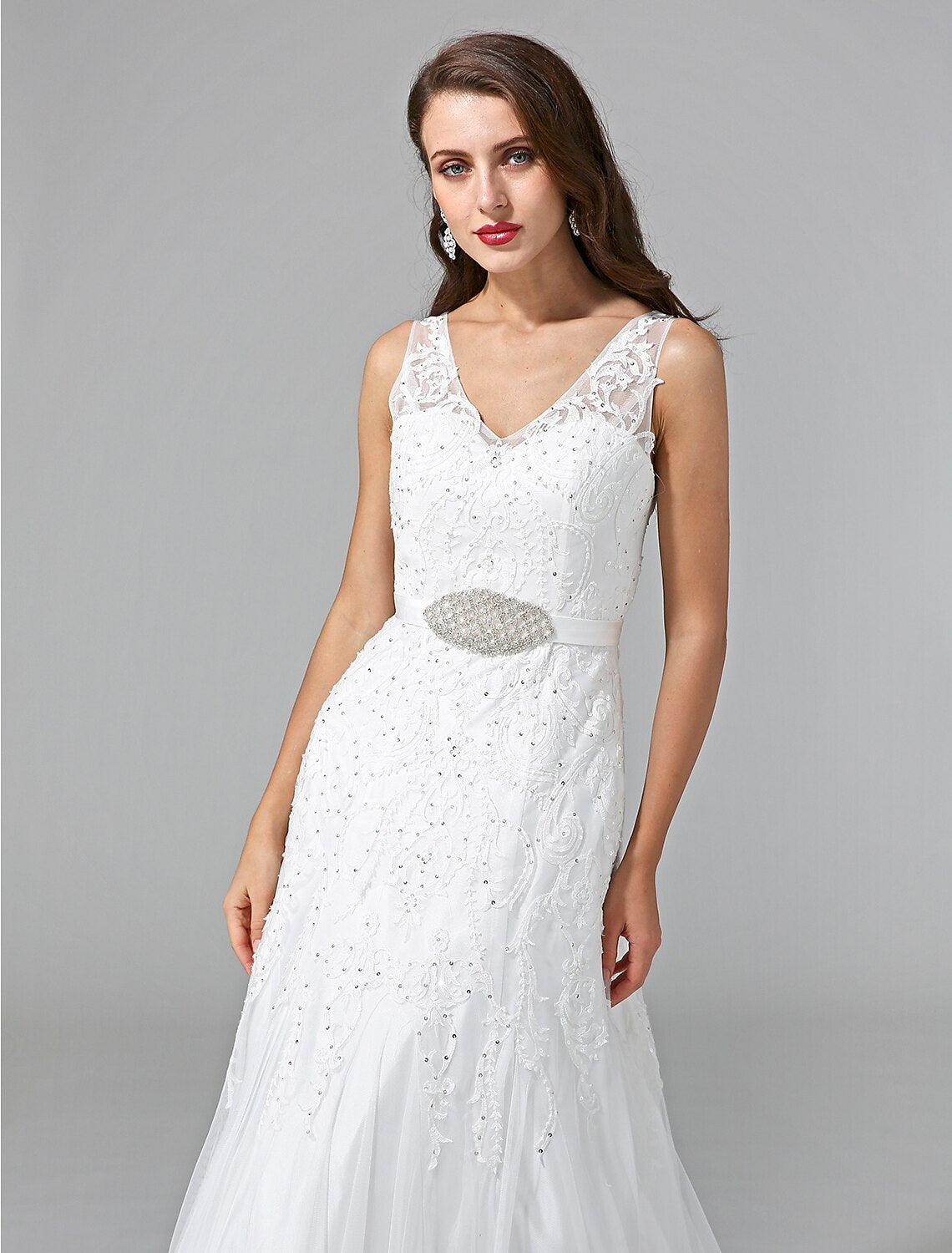 Luolandi Wedding Dresses A-Line V Neck Sleeveless Court Train Lace Bridal Gowns With Sash Beading