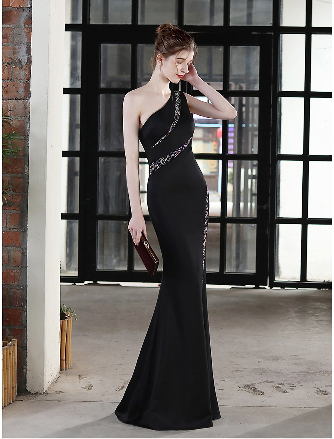 Luolandi Mermaid / Trumpet Evening Gown Sexy Dress Wedding Guest Floor Length Sleeveless One Shoulder Satin