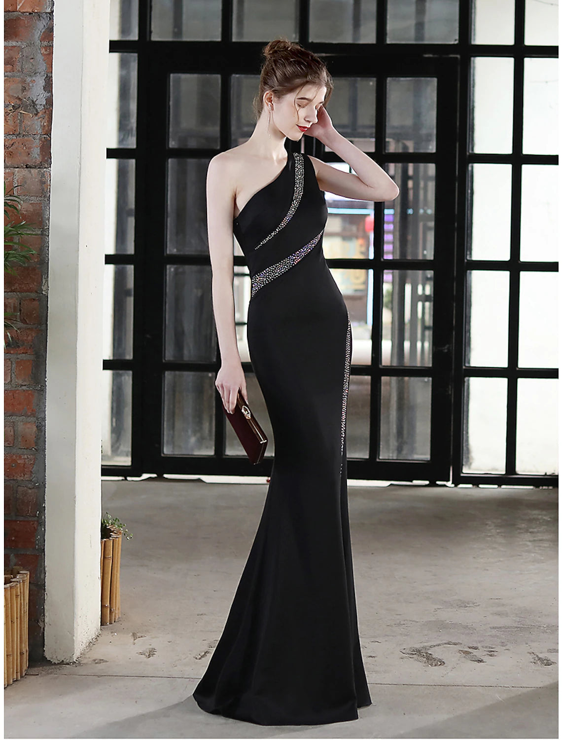 Luolandi Mermaid / Trumpet Evening Gown Sexy Dress Wedding Guest Formal Evening Floor Length Sleeveless One Shoulder Satin