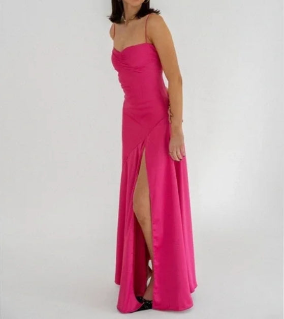 Luolandi Red A-Line Spaghetti Straps Long Prom Dress with Slit Yellow Formal Dress Simple Evening Party Dress