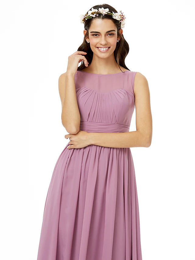 Luolandi A-Line Bridesmaid Dress Jewel Neck Sleeveless Open Back Floor Length Chiffon with Sash / Ribbon / Pleats