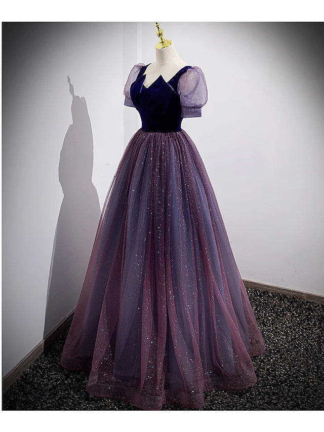 Luolandi A-Line Prom Dresses Sparkle & Shine Dress Prom Floor Length Short Sleeve Scoop Neck Tulle