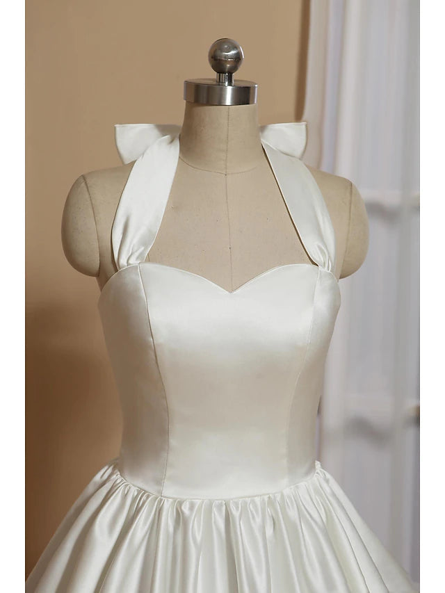 Luolandi Bridal Shower Little Dresses Wedding Dresses Tea Length A-Line Sleeveless Halter Satin With Bow(s)