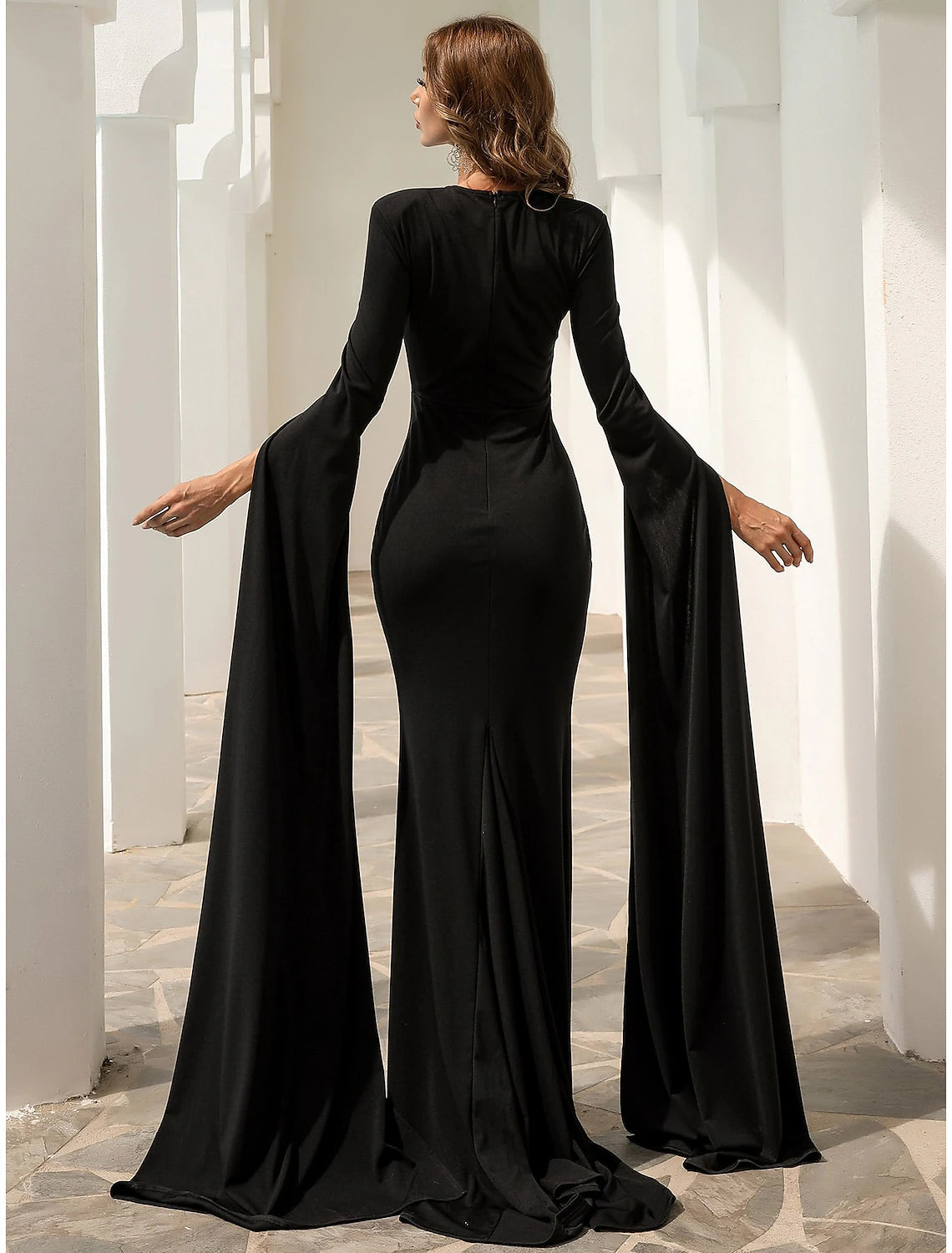 Luolandi Black Mermaid / Trumpet Evening Gown Elegant Dress Formal Fall Court Train Long Sleeve Jewel Neck Fabric