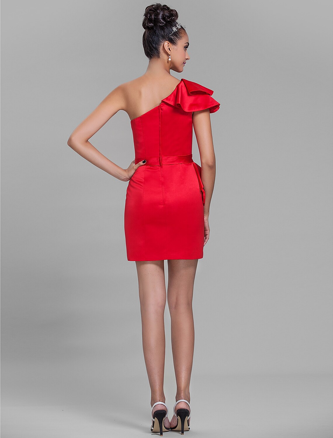 Luolandi Sheath / Column One Shoulder Short / Mini Satin Bridesmaid Dress with Sash / Ribbon