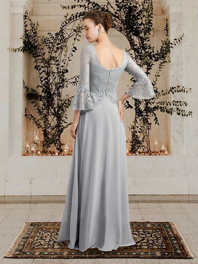 Luolandi A-Line Mother of the Bride Dress Plus Size Elegant V Neck Floor Length Chiffon Lace 3/4 Length Sleeve with Appliques