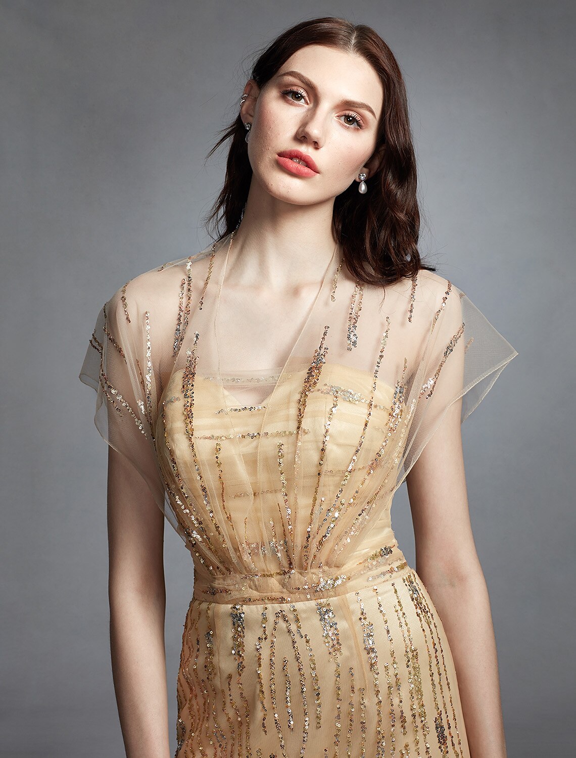 Luolandi Sheath / Column V Neck Sweep Train Tulle Made-To-Measure Wedding Dresses with Sequin