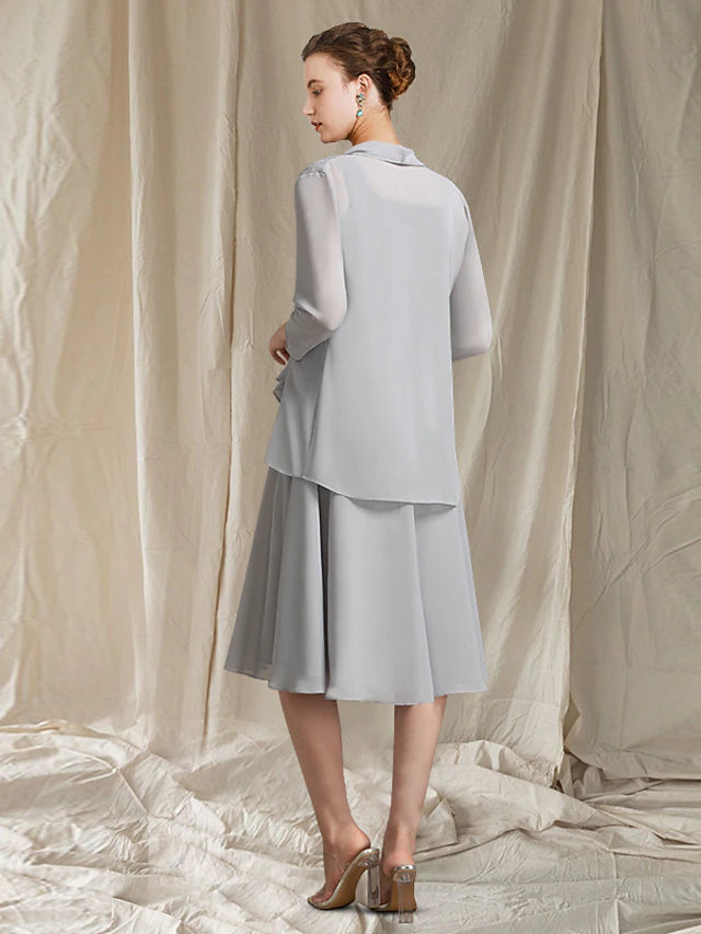 Luolandi Two Piece A-Line Mother of the Bride Dress Church Elegant Jewel Neck Knee Length Chiffon Lace Sleeveless Wrap Included