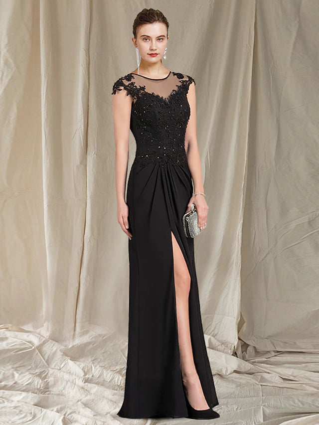 Luolandi Sheath / Column Mother of the Bride Dress Elegant Jewel Neck Floor Length Chiffon Lace Short Sleeve with Appliques