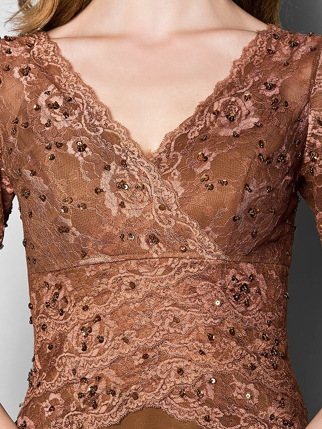 Luolandi A-Line Mother of the Bride Dress V Neck Floor Length Lace Georgette Length with Lace Beading Brown