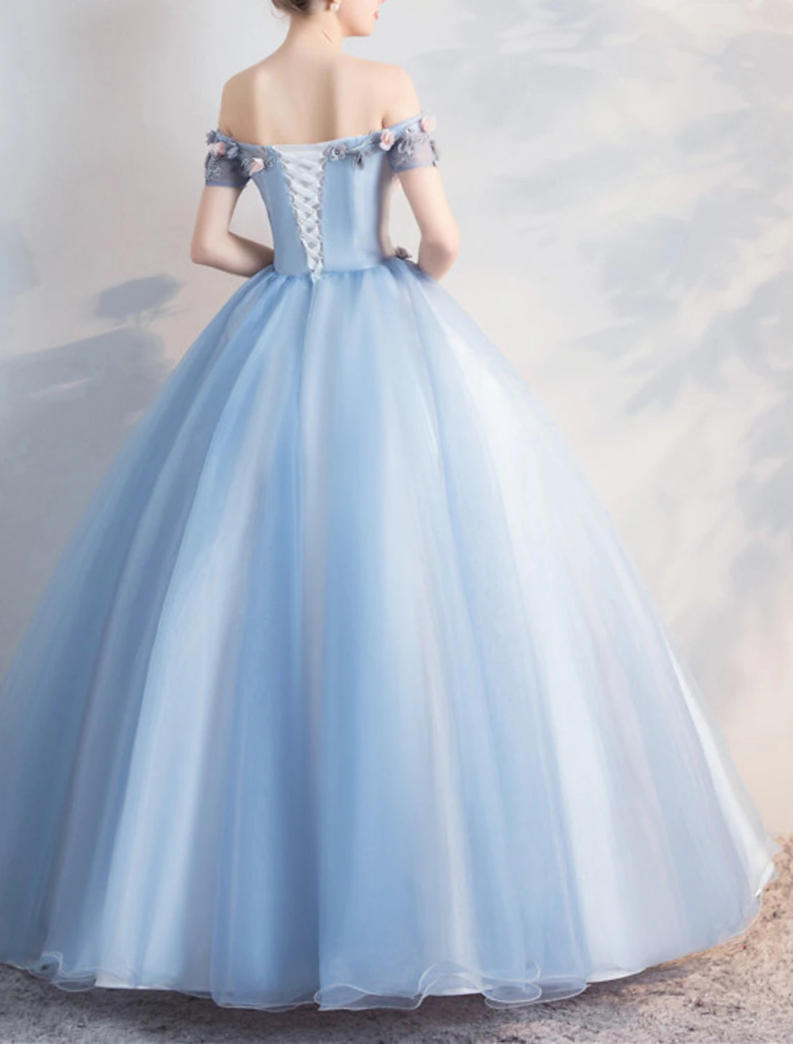 Luolandi Ball Gown Prom Dresses Floral Dress Quinceanera Prom Floor Length Short Sleeve Off Shoulder Polyester with Appliques Pure Color Beautiful Flowers